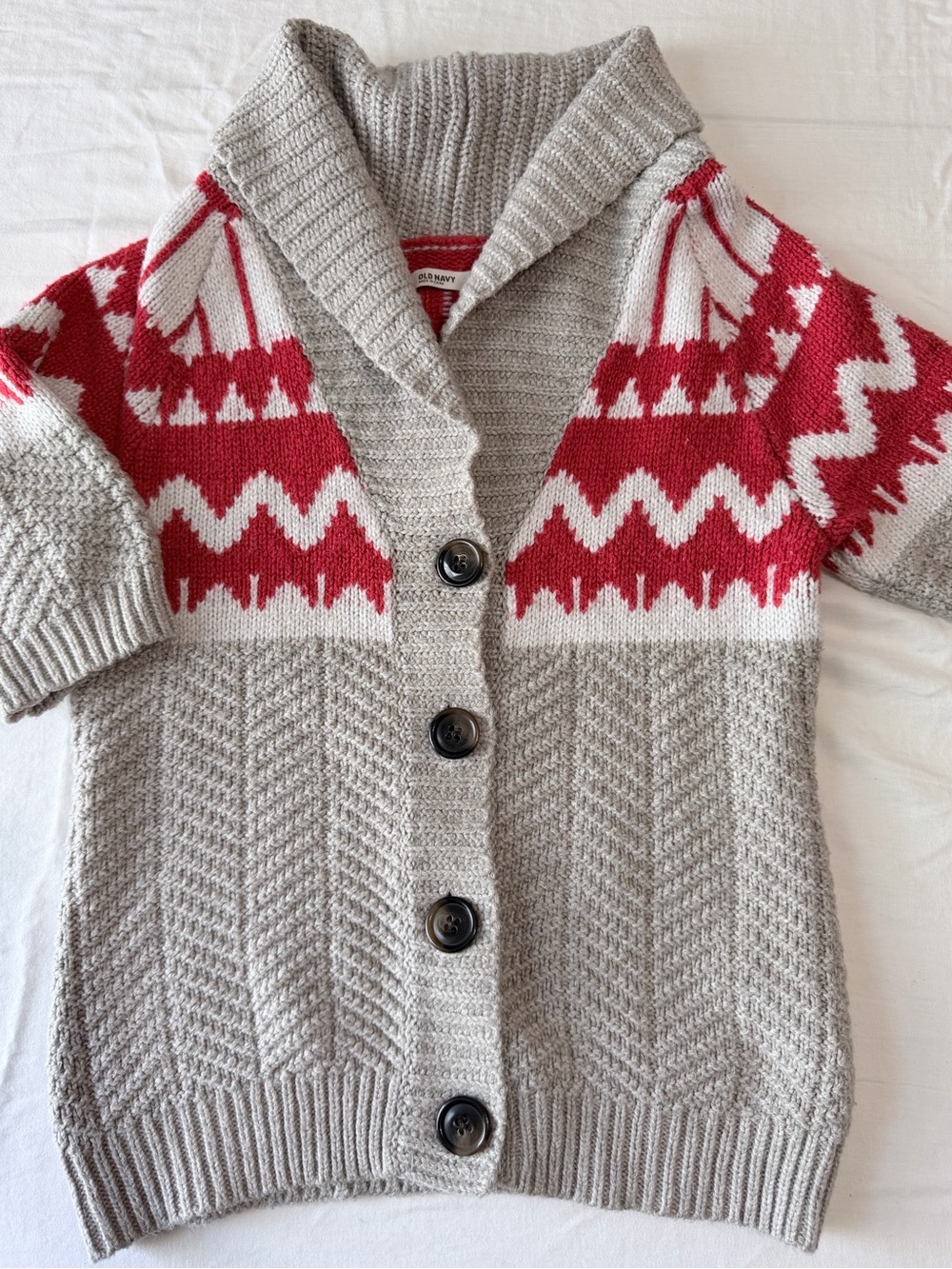 Old Navy Gray Shawl Collar Cardigan with Red Fair Isle Yoke